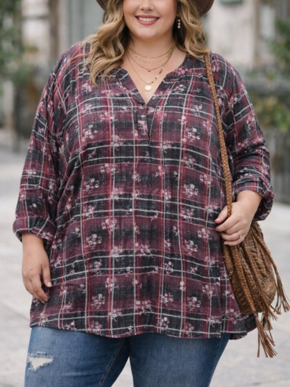 Woman Within Purple Plaid Floral Print Blouse Tunic Top Shirt Plus 3X Boho Chic